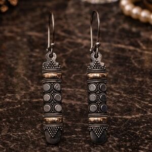 VINTAGE STERLING SILVER 925 LONG DANGLE EARRINGS MIXED METAL DOT DESIGN